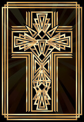 Happy Easter art deco vip invitation card with catholic cross , vector illustration