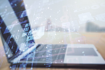 Abstract creative coding concept on modern laptop background. Multiexposure