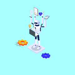 Artificial intelligence vector concept. Robot worker working with many tasks in the office while standing with gears