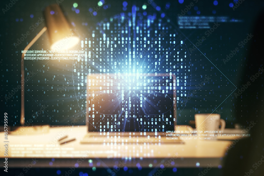 Leinwandbilder creative code skull hologram on modern computer background, cybercrime and hacking concept. multiexp