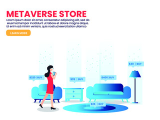 Metaverse store vector concept. Young woman using VR goggles and digital tablet while shopping furniture in the metaverse