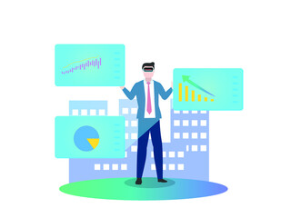Metaverse cryptocurrency vector concept. Male manager wearing VR glasses while working with finance chart in the metaverse