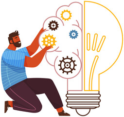 Man creates new idea. Light bulb with gears vector illustration. Creation of optimal solution, development of creative thinking. Mental mindset, imagination concept. Person creates abstract figure