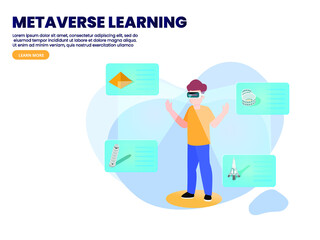 Metaverse vector concept. Male college student wearing VR glasses while looking at pyramids and studying history in the metaverse