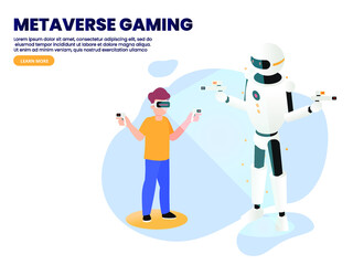 Metaverse vector concept. Young man using a VR goggles while playing shoot game in the metaverse