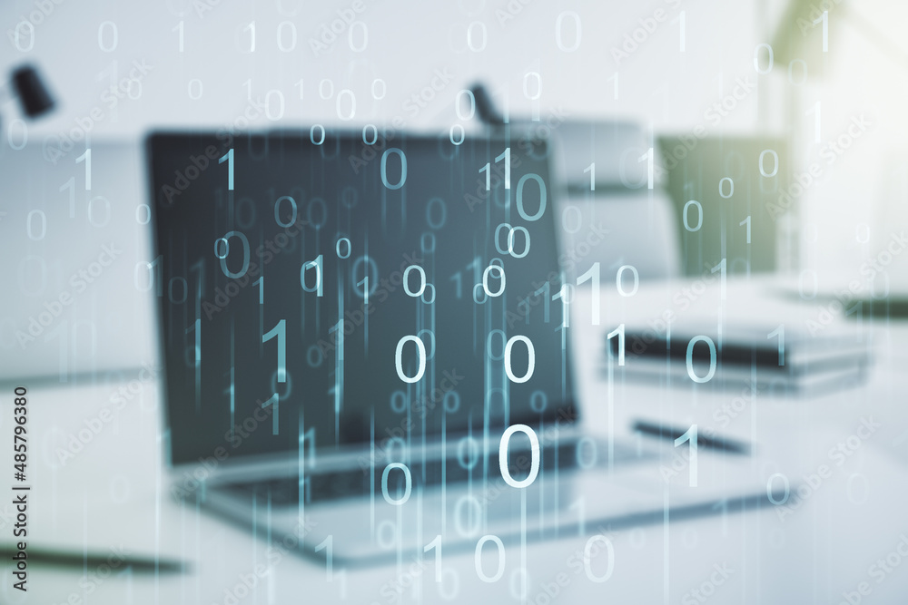 Aufkleber creative abstract binary code hologram on modern computer background, ai and machine learning concep