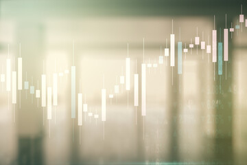 Multi exposure of virtual abstract financial diagram on abstract empty interior background, banking...
