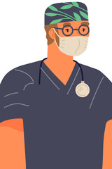 Doctor man wearing protective mask showing his arm with bandage after receiving covid-19 vaccine. Concept of vaccination, health, immunization, healthcare, call of fight against coronavirus