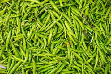Green chillies in Mrauk U vegetable market, Rakhine State, Myanmar (Burma)