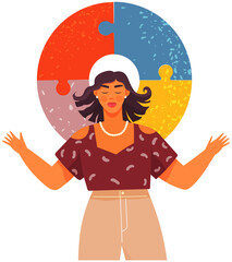 Woman is trying to combine puzzle in her head. Cognitive development, mental mindset, creative thinking. Girl thinks about pieces of puzzle. Psychological trick for creativity and intelligence