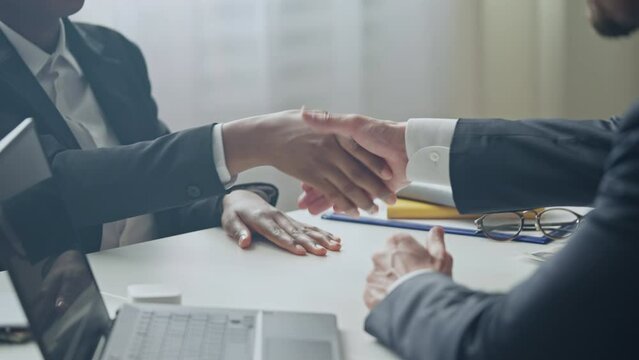 Male boss reading CV and shaking hand of hired female candidate, job interview