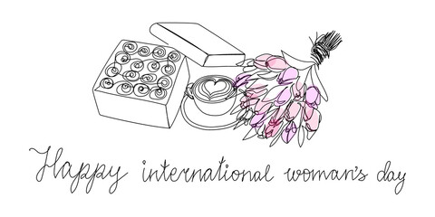Happy international womans day continuous line drawing. One line art of english hand written lettering with bouquet of tulips, cappuccino, sweets, 8 march greeting card.