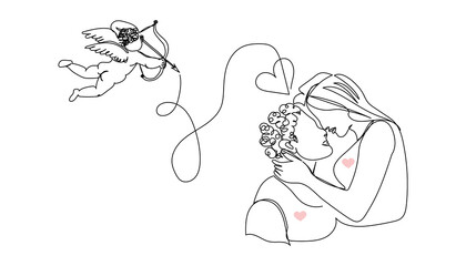 Couple in love with cupid continuous line drawing. One line art of kissing, hugging, love, angel, engaged romance, valentine s day, relationship, girlfriend, boyfriend, love.