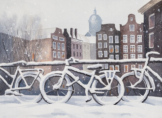 Winter street in Amsterdam. Bicycles covered with snow near the canal. snowfall in the old town.