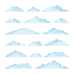 Set of clouds. 16 blue clouds with a flat bottom. Collection for design in cartoon style. Vector illustration isolated on a white background for design and web.
