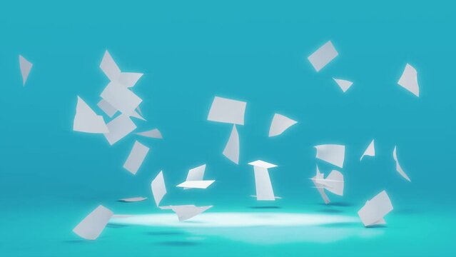 Slow motion flying paper on blue background.  Random counting of ballots. Scatter documents or empty blanks. Concept: vote, politics, referendum, democratic, republican, ideas. Paper 4k stock footage