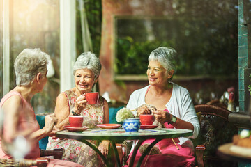 Making time to catch up with good old friends. Cropped shot of a group of senior female friends...