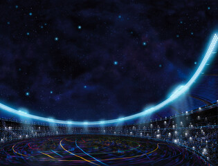 Sport place site stadium with color lines above in blue stars space background