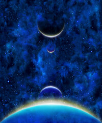 Earth heavenly bodies celestial bodies with color lines above in blue stars space background
