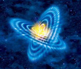 Universe space in a transparent ball and in a half blue ball isolated on black background