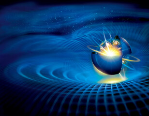 Universe space in a transparent ball and in a half blue ball isolated on black background