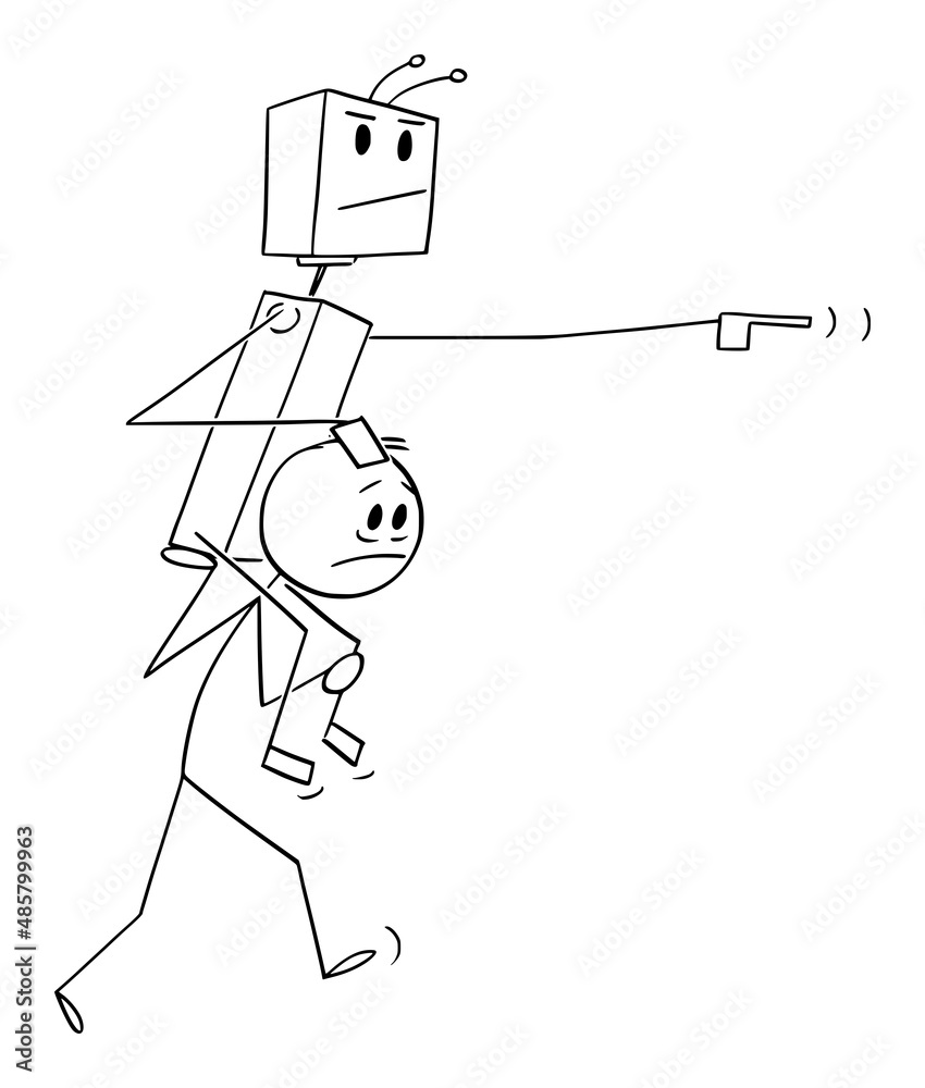 Sticker human carrying robot on his shoulders , vector cartoon stick figure illustration