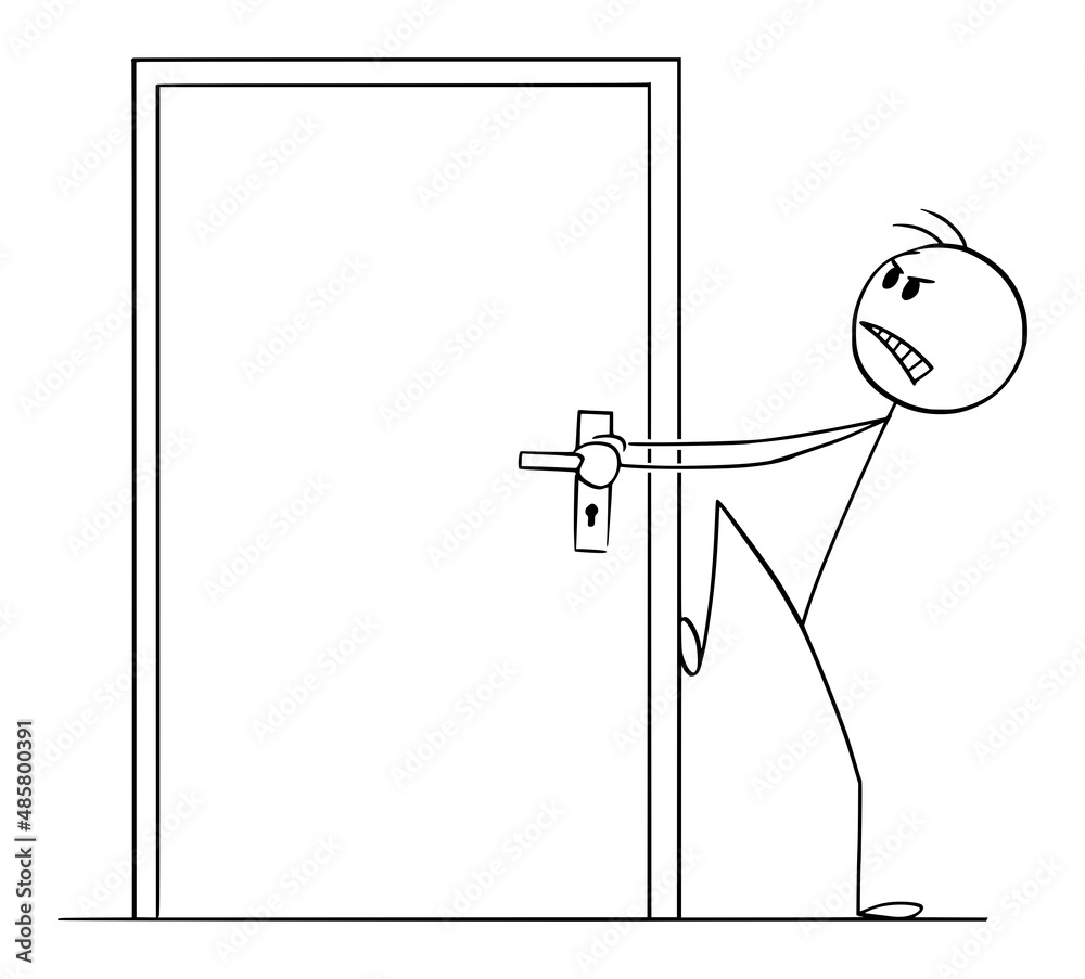 Wall mural Person Trying to Open Locked or Blocked Door , Vector Cartoon Stick Figure Illustration