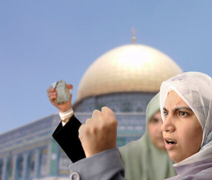 Angry Palestine women fighting with rocks in hands