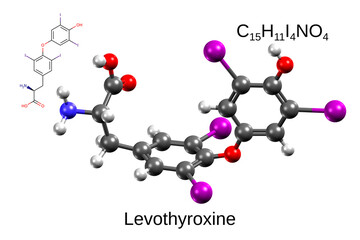Chemical formula, skeletal formula and 3D ball-and-stick model of human thyroid hormone, levothyroxine, white background