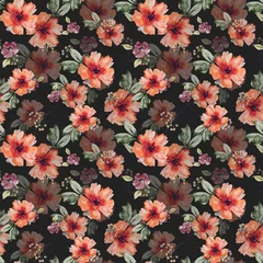 Meubelstickers Seamless floral pattern with red flowers and leaves on a black background, hand painted in watercolor. © Lana