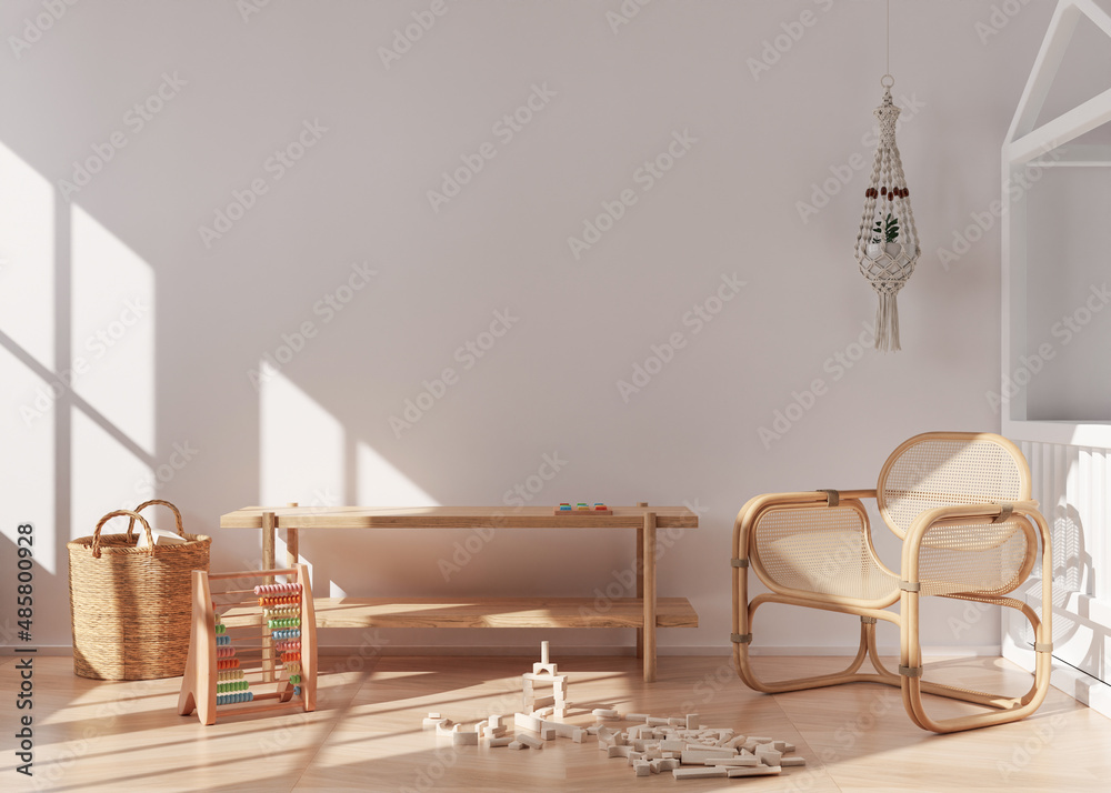 Wall mural Empty white wall in modern child room. Mock up interior in scandinavian, boho style. Copy space for your picture or poster. Console, rattan armchair, toys, macrame. Cozy room for kids. 3D rendering.