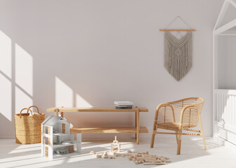 Empty white wall in modern child room. Mock up interior in scandinavian, boho style. Copy space for your picture or poster. Console, rattan armchair, toys, macrame. Cozy room for kids. 3D rendering.
