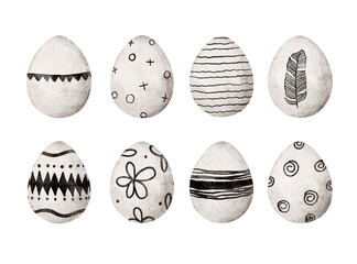 Set of painted easter eggs. Isolated on white background. Watercolor illustration.