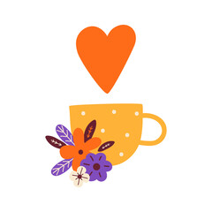 Happy Valentines day greeting card. Love potion. Mug with tea or coffee. Be my Valentine. Cup with red heart and flowers. Romantic breakfast. Cappuccino. Hand drawn illustration in Scandinavian style.