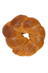 Portuguese traditional Easter cake. Folar with eggs. Sweet bread isolated on white background