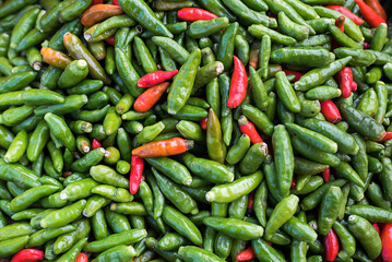Red and green chilis in Berastagi (Brastagi) Market, North Sumatra, Indonesia, Asia