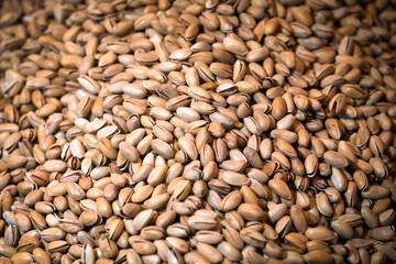 Lots of pistachios, background with tasty nuts.