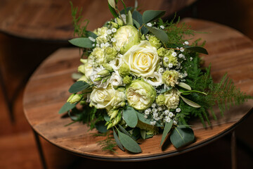 Closeup photo of wedding white rose bouqet