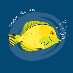 Baby print with fish. Hand drawn yellow t graphic for poster, card, label, flyer, page, banner, baby wear, nursery. Scandinavian style. With quote Under the sea Vector illustration in blue and yellow.