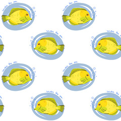 Baby seamless vector pattern. Cute fishes on white background. Creative scandinavian kids texture for fabric, textile, wallpaper, apparel. Vector illustration of yellow tang. Under the sea