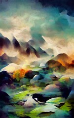 Wall fine art paining in oil mixed style, stock, contemporary impressionism artwork for sale, vibrant abstract art, colorful brush strokes, print for decoration canvas, case, paper, poster, card 