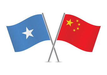 Somalia and China crossed flags. Somali and Chinese flags, isolated on white background. Vector illustration.