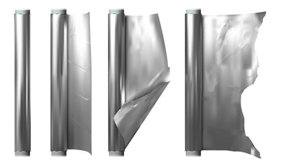 Realistic Detailed 3d Coil or Roll of Silver Aluminium Foil Set Opened and Closed View. Vector illustration