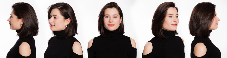 Set of portraits collage. Close-up portrait of young woman with short hair in black turtleneck standing on white background. Different angle view of a face.