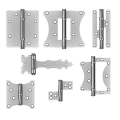 Realistic Detailed 3d Different Shapes Steel Door Hinges Set Isolated on White Background. Vector illustration of Metallic Mortise Equipment Hinge