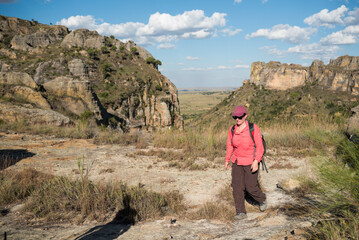 Tourist hiking in Isalo National Park, Ihorombe Region, Southwest Madagascar