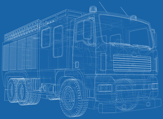 Fire Engine outline vector. Fire truck isolated on blue background.