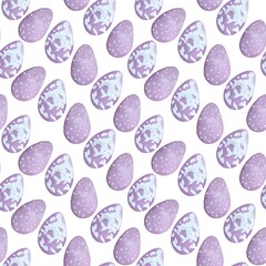 Easter pattern of watercolor illustrations of Easter eggs, purple with decor on a white background, seamless pattern