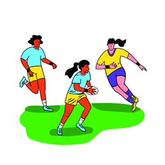 Fototapeta na wymiar Girls playing rugby football sport game on field, vector flat illustration. Women rugby competition, championship, training concept for poster, banner etc.