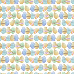 Seamless watercolor Easter themed pattern with egg illustrations, striped pattern